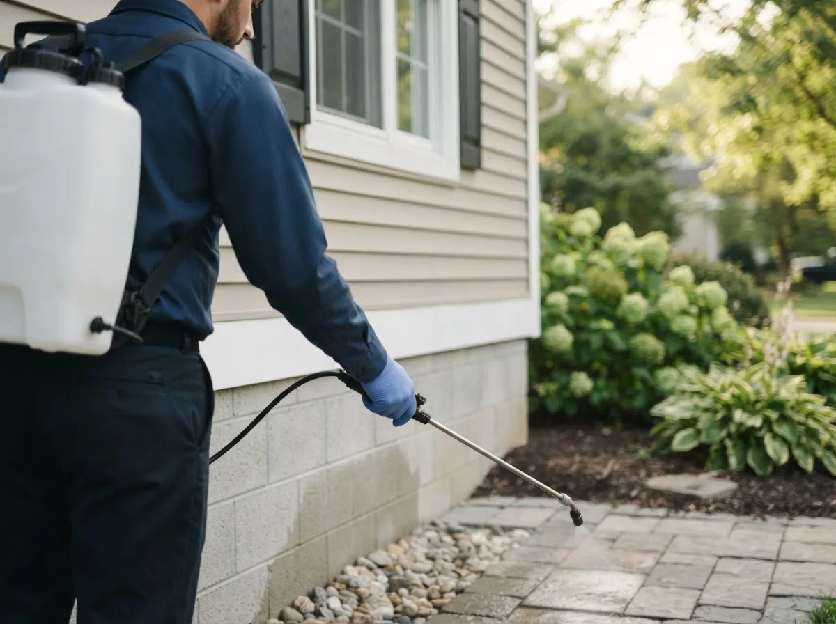 Pest control technician inspecting a home in Harrisonville, NJ